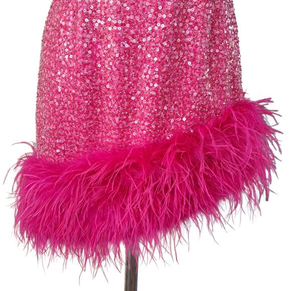 NADINE MERABI Hot Pink Evie Sequin Feather Trim Mini Dress Sz 6 Small Prom - Picture 11 of 16